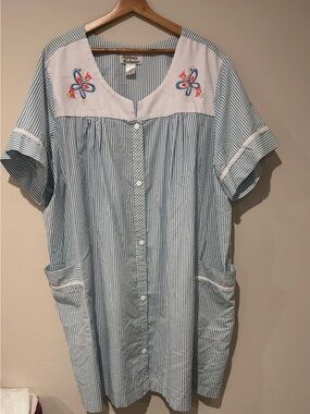 Anthony Richards 3X Blue White Striped Butterfly Embroidered House Dress Pockets
